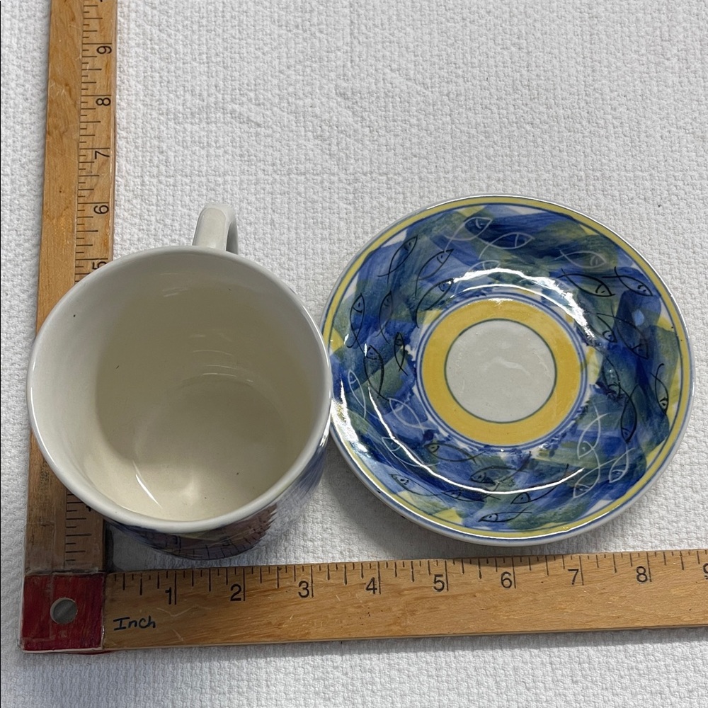 MCM Blue and Yellow Fish Pattern Cup and Saucer / oversized mug - Picture 6 of 7